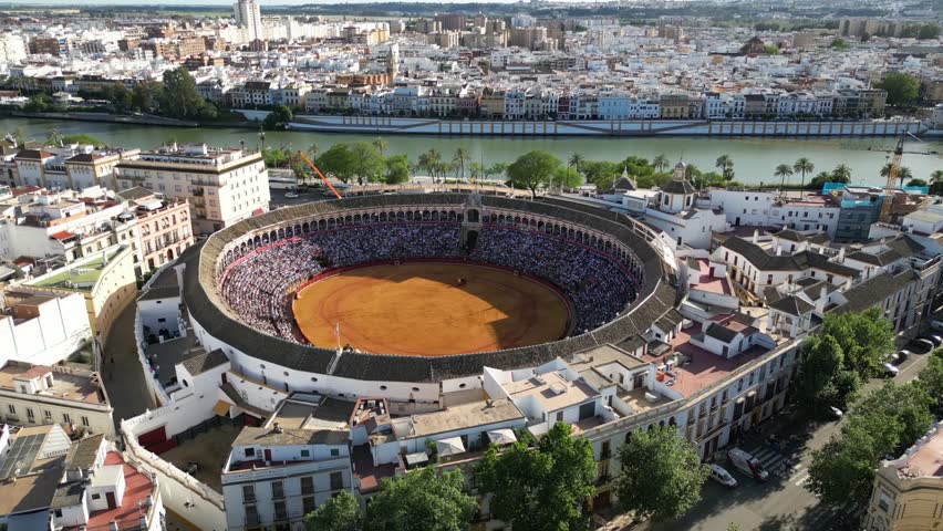 Flight over Plaza de Toros or Maestranza - bullring in Seville, Andalusia, Spain