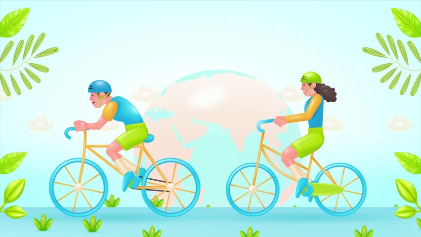 3d vector animation of a young couple riding bicycles in a fresh environment for world bike day and car free day, with rotating earth in the background Royalty-Free Stock Footage #1104051467
