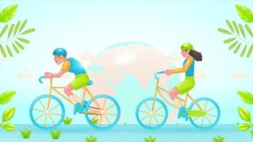 3d vector animation of a young couple riding bicycles in a fresh environment for world bike day and car free day, with rotating earth in the background