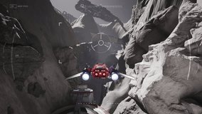 Futuristic space vehicle flying through the white mountains in the computer game. Futuristic space ship passing the obstacles in the video game. Tracking target in futuristic space video game
