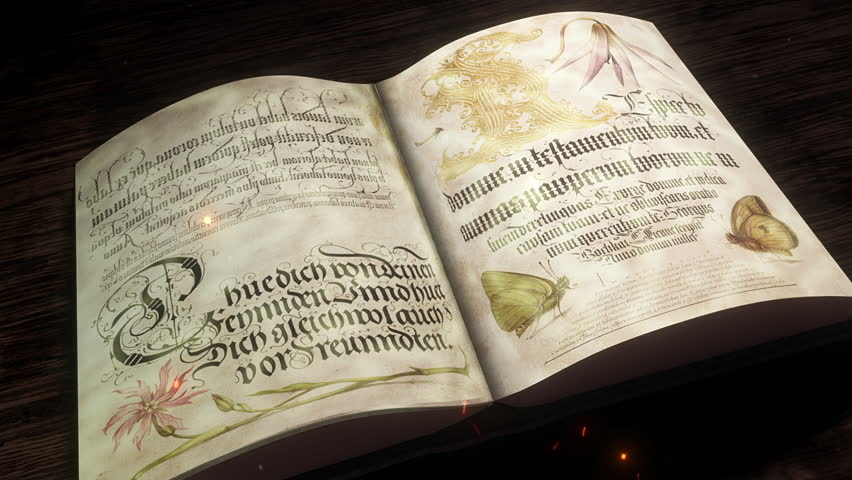 A magical book of spells sat on a wooden surface that closes as we see pages flipping to reveal the book cover with magic energetic symbols forming out of glowing lines and particles.