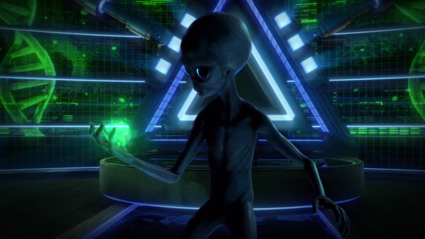 A grey alien character in a darkly lit environment surrounded by digital holographic control panels and data streams, playing with energy effects.