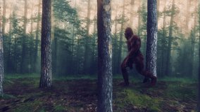 A fur covered Sasquatch Bigfoot character caught on camera walking in a forest scene. - Powered by Shutterstock - Get 15% off with code: PIKWIZARD15