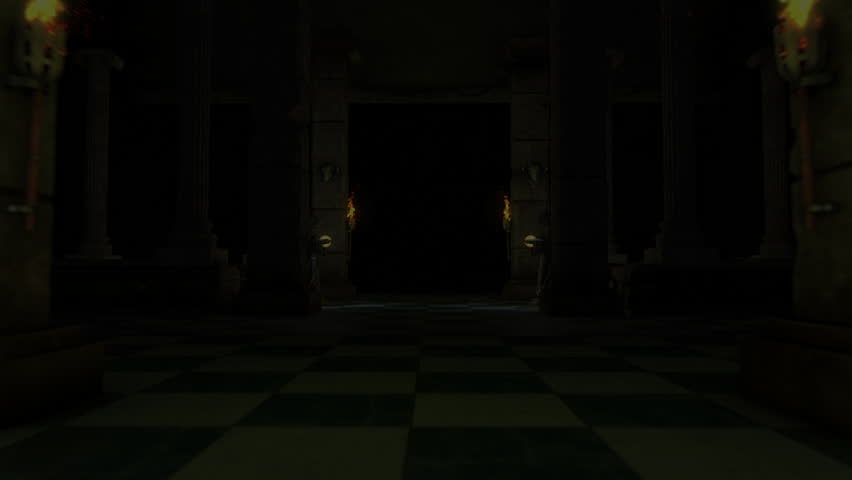 A secret hidden temple with mysterious stone statues, travelling along a masonic checker tiled floor with flame torches and stone columns. Royalty-Free Stock Footage #1104052727