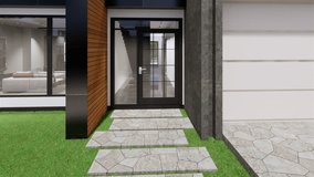 The front part of the house, front door, modern house. 3D video.