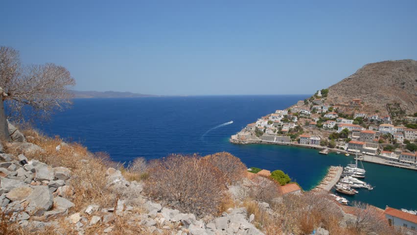 Panoramic view across the port area of Hydra Island in the Greek Aegean sea