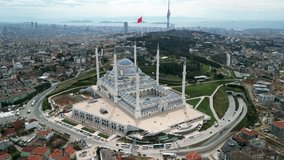 Istanbul Camlica Mosqu, Camlica Tower and Marmara sea cityscape zoom-in shot