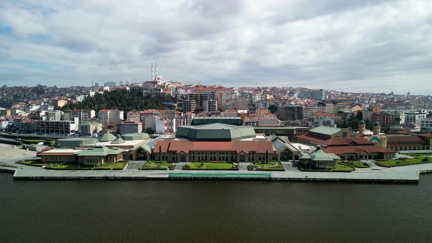 Halic Congress Center in Istanbul Turkey, fly up shot