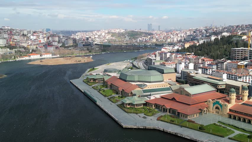 Halic Congress Center in Istanbul, drone low flight, clockwise rotation