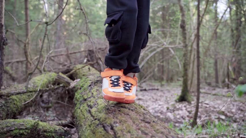 baby boy playing in the forest park. close-up child feet walking on a fallen tree log. happy family kid dream concept. a child in sneakers walks on a fallen tree in lifestyle park Royalty-Free Stock Footage #1104058755