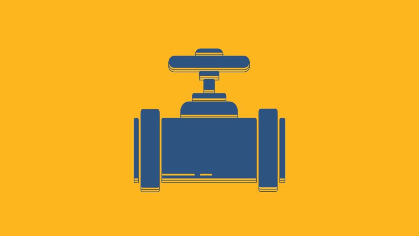 Blue Industry metallic pipes and valve icon isolated on orange background. 4K Video motion graphic animation.