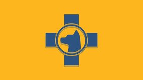 Blue Veterinary clinic symbol icon isolated on orange background. Cross with dog veterinary care. Pet First Aid sign. 4K Video motion graphic animation.