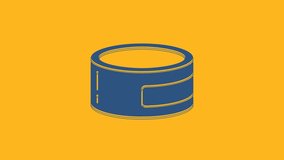 Blue Canned food icon isolated on orange background. Food for animals. Pet food can. 4K Video motion graphic animation.