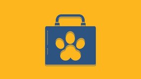 Blue Pet first aid kit icon isolated on orange background. Dog or cat paw print. Clinic box. 4K Video motion graphic animation.