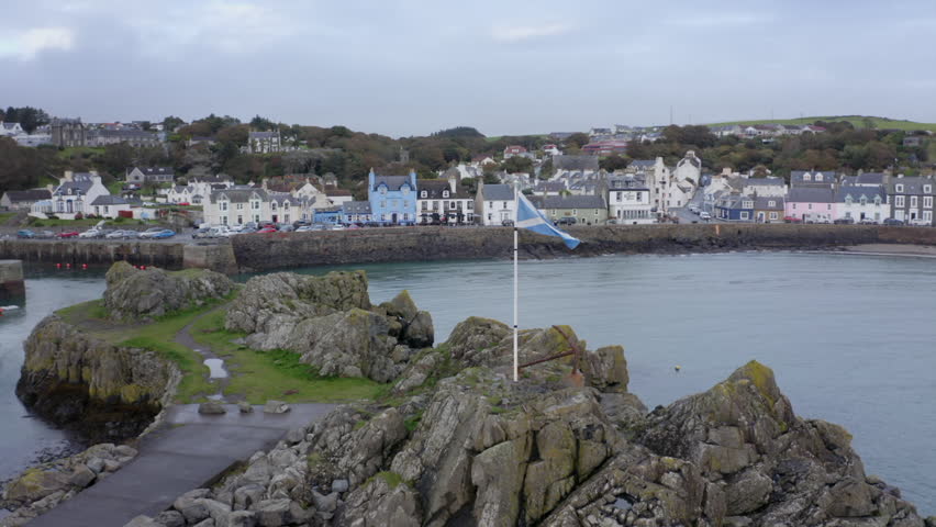 Drone Aerial View Of Portpatrick Coastal Town In Scotland