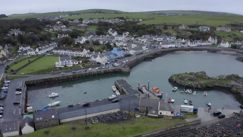 Drone Aerial View Of Portpatrick Coastal Town In Scotland