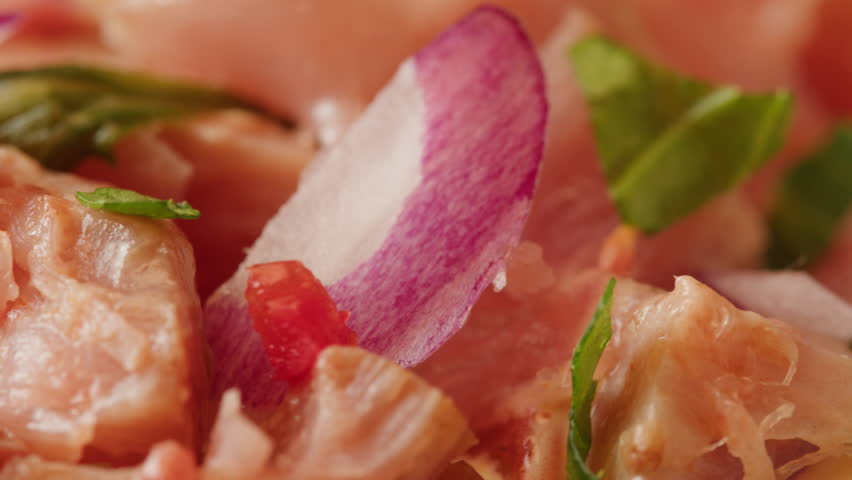 Chef cooking ceviche, leche de Tigre, traditional peruvian food, ceviche on table close-up. Traditional Peruvian or mexican cuisine with fresh seafood prawns in wine glass.  Royalty-Free Stock Footage #1104072865