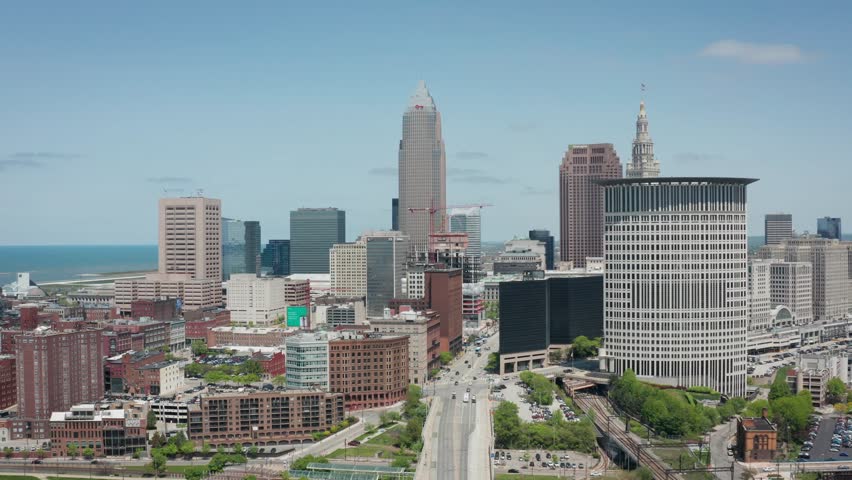 Cleveland Ohio downtown skyline 4K drone dolly forward wide