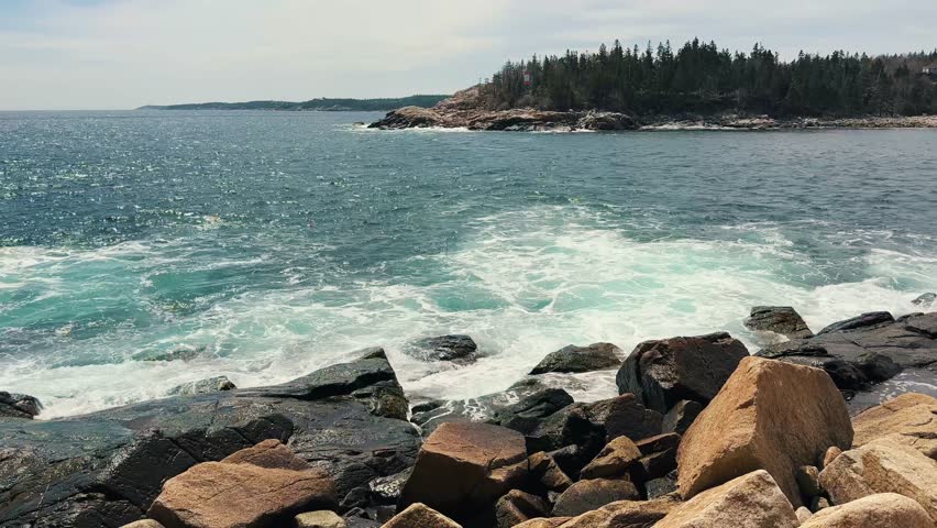 Seascape With Rocky Shore and Atlantic Ocean, Blue Ocean Panorama During the Day. Halifax, New Scotia, Canada. Sea Waves Crash Against the Rocky Shore. 