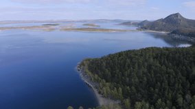 Aerial drone footage of Ulken Shabakty - Lake Great Chebachye Lake in Natonal park Burabay Borovoe , Kazakhstan