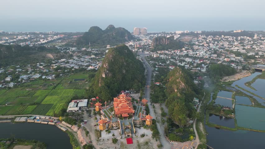Aerial view of Da Nang Marble mountains which is a very famous destination.