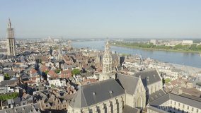 Inscription on video. Antwerp, Belgium. St. Paul s Cathedral (Sint-Pauluskerk). Lightning strikes the letters, Aerial View, Point of interest