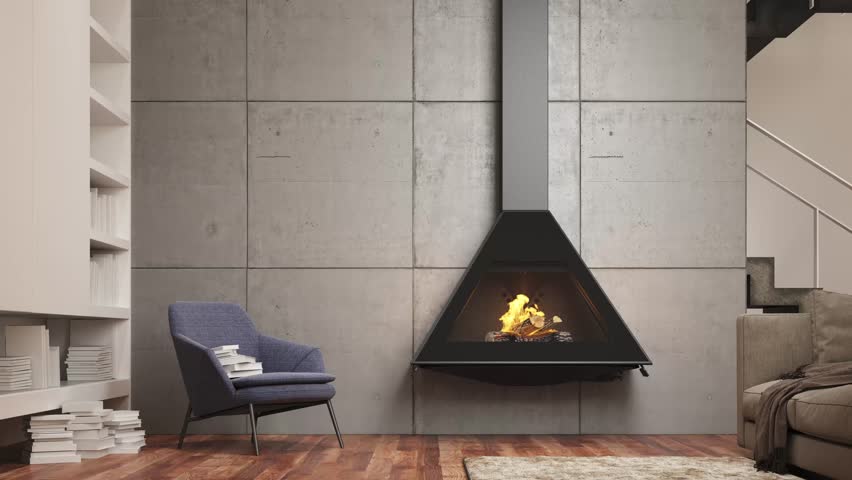3d illustration of a living room with fireplace. Concrete wall and wood flooring. Carpet and sofa on the right.
