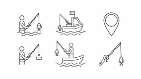 Animated fishing methods line icons. Fish farming animation. Catching fish. Fisher boat. Sea food. Outdoor activity. Loop HD video with alpha channel, transparent background. Outline motion graphic