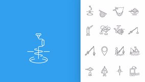 Fishing icons animation. Animated line catching fish. Aquatic animal. Fresh water. Deep sea. Fishing industry. Loop HD video with alpha channel, transparent background. Outline motion graphic