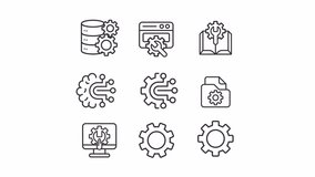Animated configuration tool icons. Software engineering line animation. Setting cogwheel. IT company. System control. Loop HD video with alpha channel, transparent background. Outline motion graphic