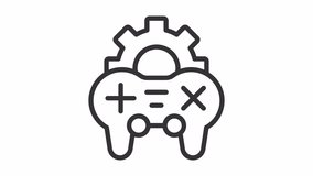 Game development icon animation. Animated line joystick with spinning gear. Game controller. Setting cogwheel. Loop HD video with alpha channel, transparent background. Outline motion graphic