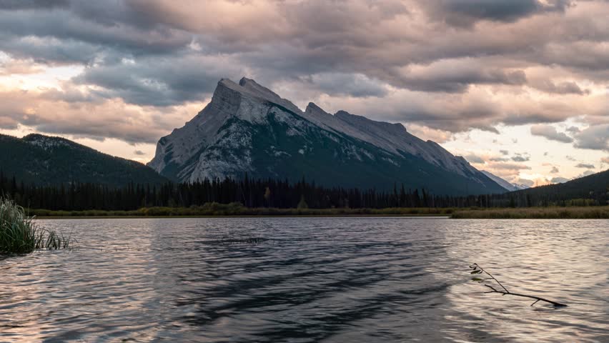Time lapse of Beautiful sunset over Vermillion Lake with Mount Rundle in Banff national park, AB, Canada