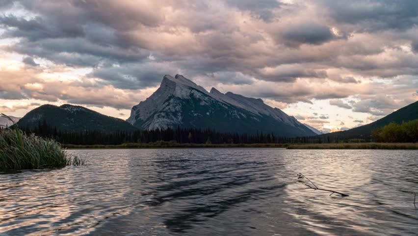 Time lapse of Beautiful sunset over Vermillion Lake with Mount Rundle in Banff national park, AB, Canada