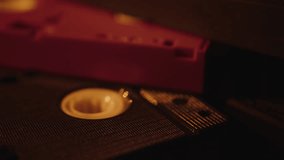old retro video cassettes close up 4K footage