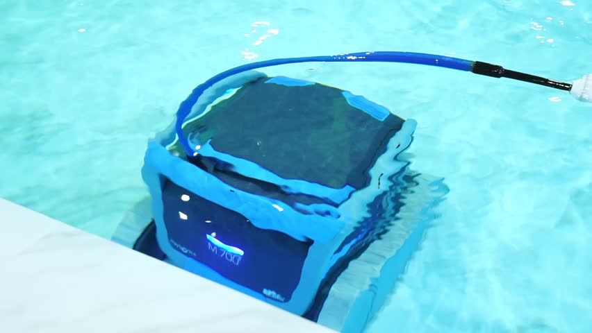 robot pool cleaner. Pool maintenance with automatic robot. Summer pool cleaning robot before swimming. cleaner the bottom of the pool and walls with a submersible robot. Royalty-Free Stock Footage #1104088571