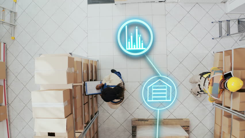 Workers using artificial intelligence in warehouse storage room with containers and merchandise. Supply chain team working on distribution with illustrations. 3d render animation.