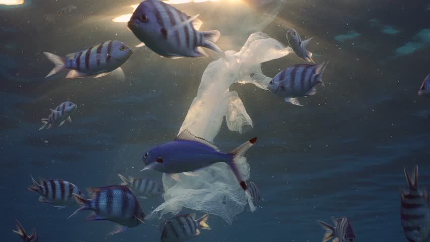 Plastic bag floats under surface of ocean in sunbeams, with tropical fish swims around. Tropical fish swimming near plastic bag drifts to it at sunset in sunrays, Slow motion | Shutterstock HD Video #1104097723