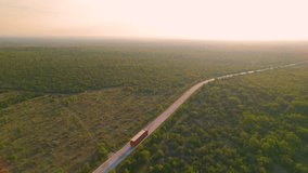 AERIAL: Red container truck driving along Adriatic landscape in golden sunlight. Big delivery truck transporting goods through beautiful countryside with lush green shrubbery in early morning light.