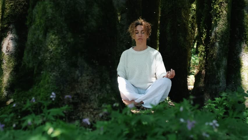 One woman sitting in the forest finding interior peace and serenity. Healthy natural lifestyle female people meditate in the nature alone in lotus position yoga with closed eyes and trees environment Royalty-Free Stock Footage #1104104931