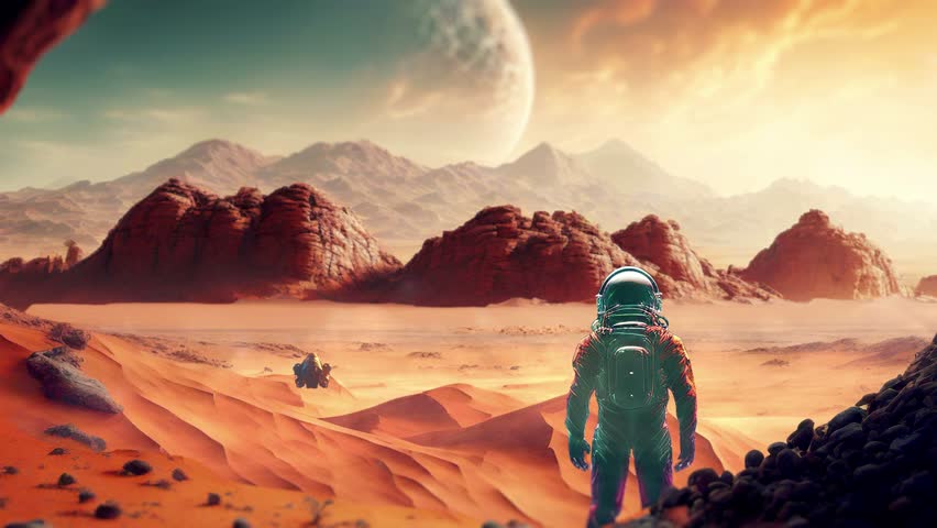 Astronaut watches volcanic eruption on planet Mars in space with a drone. Cinematic abstract sci-fi background 3D video background.