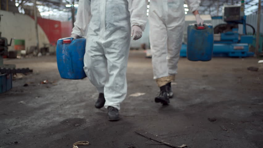 Team of scientist wearing a chemical protection suit and high efficiency filter face mask working in the bio - chemical contaminated factory. Bio chemical scientists working in the hazardous area. Royalty-Free Stock Footage #1104107945