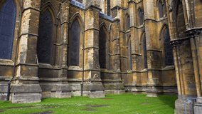 Video footage of the famous Lincoln Cathedral. Showing stone walls, stained glass windows and majestic towers