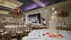 A large hall for celebrations. Interior of a wedding hall wedding decoration. Wide shot - Powered by Shutterstock - Get 15% off with code: PIKWIZARD15