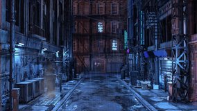 Dark seedy futuristic Cyberpunk city urban back street alley at night. Rain is falling. 3D animation. - Powered by Shutterstock - Get 15% off with code: PIKWIZARD15