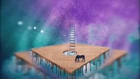 Surreal Composition. Horse graze in square field in the sky. Animated 4K video
