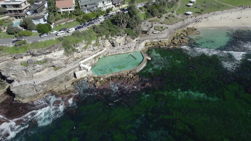 Bronte Beach With Ocean Pool In NSW, Australia - aerial drone shot