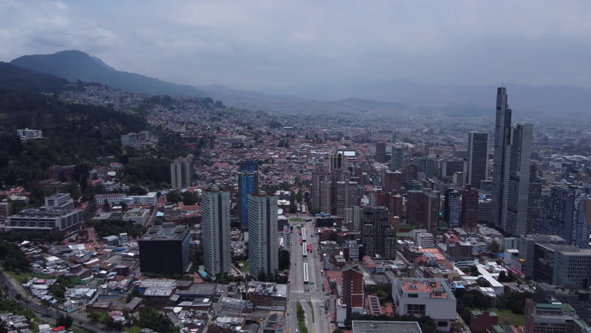 Video recorded with a drone in 4k with a view of the city center, the La Candelaria neighborhood and the south of the city of Bogota.