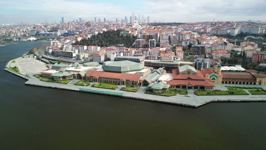 Istanbul Halic Congress Center and Golden Horn Channel, camera roll shot