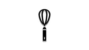 Black Kitchen whisk icon isolated on white background. Cooking utensil, egg beater. Cutlery sign. Food mix symbol. 4K Video motion graphic animation.