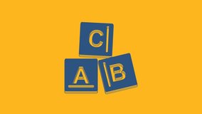 Blue ABC blocks icon isolated on orange background. Alphabet cubes with letters A,B,C. 4K Video motion graphic animation.